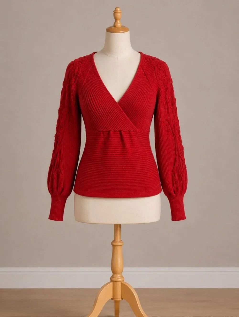 Moi Moi Red Deep V-NECK Cherry Ribbed Cotton Sweater